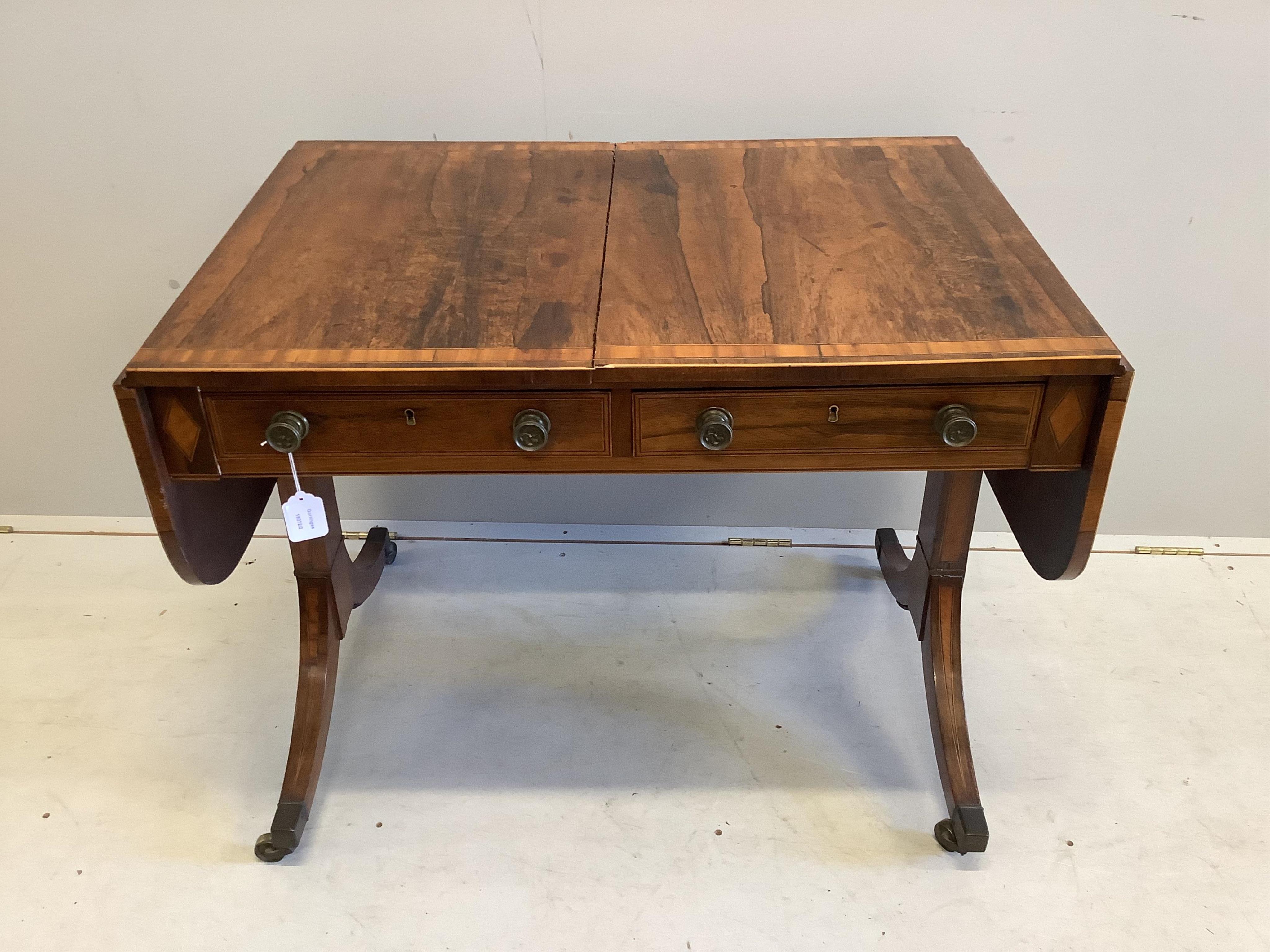 A Regency satinwood banded rosewood sofa table, width 90cm, depth 62cm, height 71cm